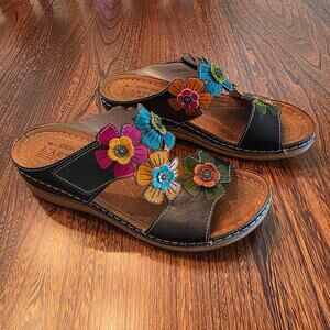 Spring Step L'Artiste Izna Leather Slide Sandals Hand painted Flowers SZ 39 8.5